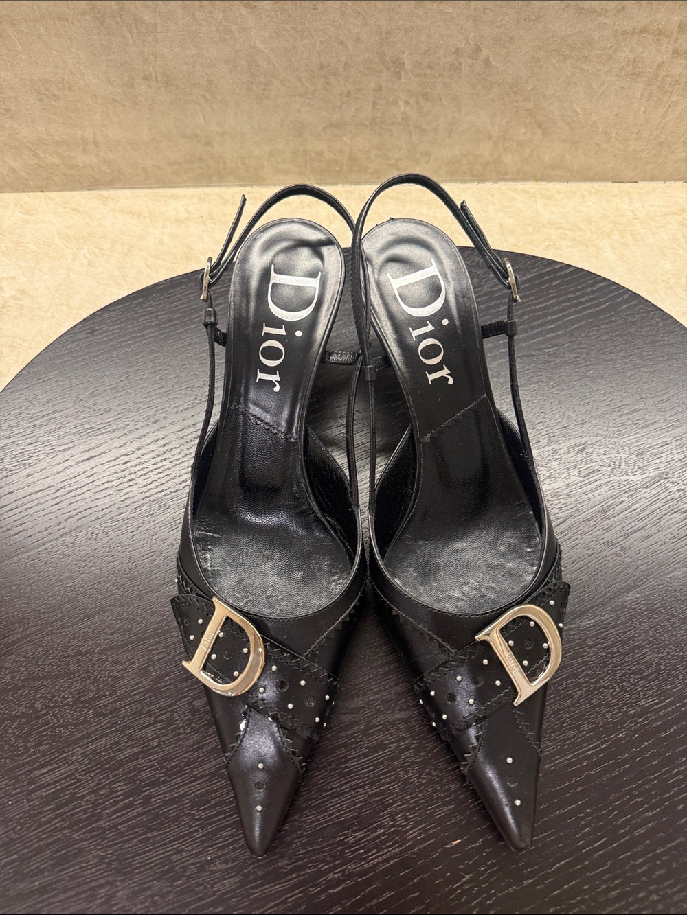 Dior Black Pointed Leather Slingback Heels with Silver D Buckle - Picture 3 of 3